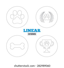 Pets icons. Dog paw sign. Winner laurel wreath and cup symbol. Pets food. Linear outline web icons. Vector