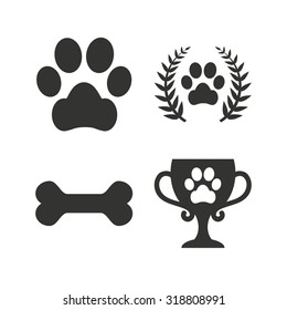 Pets icons. Dog paw sign. Winner laurel wreath and cup symbol. Pets food. Flat icons on white. Vector