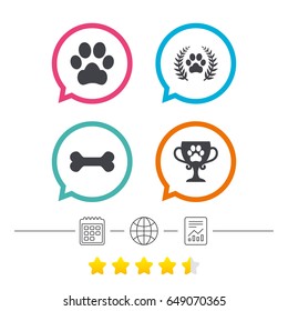 Pets icons. Dog paw sign. Winner laurel wreath and cup symbol. Pets food. Calendar, internet globe and report linear icons. Star vote ranking. Vector