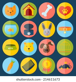 Pets icons set with cat dog fish rabbit isolated vector illustration