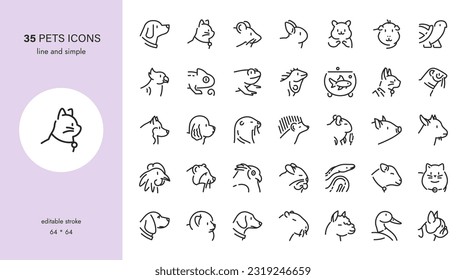 Pets Icons Set. Dog, Cat, Rat, Rabbit, Rodent, Raccoon, Lizard, Pig, Han, Snake, Owl, Otter, Llama, Lamb, Sheep, Hedgehog, Frog, Ferret, Duck. Outline Collection of Domestic, wildlife, Farm Animals.	