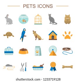 Pets icons set. Flat symbols of different home pets and animal care. Flat style vector illustration for mobile applications website print media. Isolated on white background