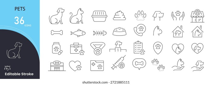 Pets icons set. Includes icons for dogs, cats, birds, fish, pet care, feeding, grooming, training, veterinary services, and animal accessories. Editable stroke.