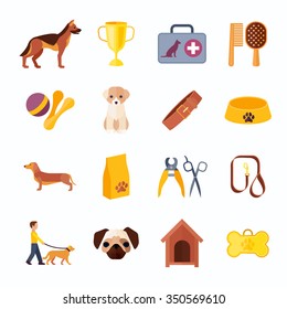 Pets icons set with shepherd dog and dachshund toys food and accessories flat abstract isolated vector illustration