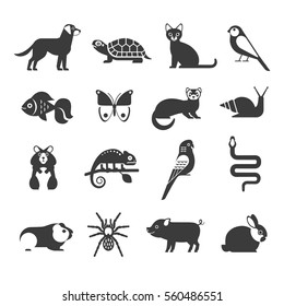 Pets icons set. Vector collection of modern black icons of domestic mammals, rodents, insects, birds and reptiles, including dog, cat, rabbit, ferret, parrot, snake, chameleon, hamster and tarantula.