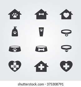 Pets icons set for vet, pet shop, pet house and pet clinic.