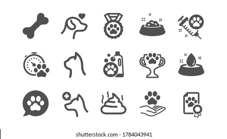 Pets icons set. Veterinary, dog care and cat food. Vaccine, pet care and dog paw icons. Winner cup, certificate and medal. Animal feces, shampoo for pets. Quality set. Vector
