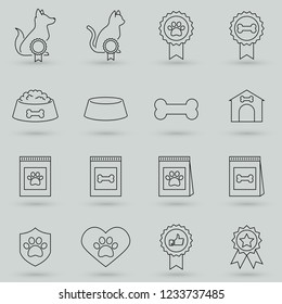 Pets icons. The sign of a dog paw. Pets. Chat, award medals and report linear badges. Dog bone and doghouse. Vector illustration