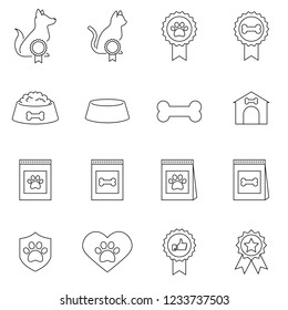 Pets icons. The sign of a dog paw. Pets. Chat, award medals and report linear badges. Dog bone and doghouse. Vector
