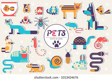 Pets illustration concept. Wildlife and home zoo animals vector icons. Flat sticker design