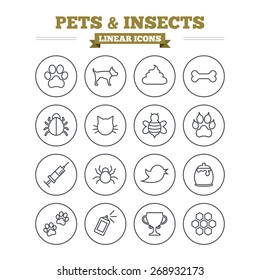 Pets and Insects linear icons set. Dog paw. Cat paw with clutches. Bone, feces excrement and vaccination. Honey, bee and honey comb. Thin outline signs. Flat vector
