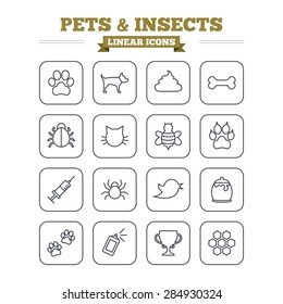 Pets and Insects linear icons set. Dog paw. Cat paw with clutches. Bone, feces excrement and vaccination. Honey, bee and honey comb. Thin outline signs. Flat square vector
