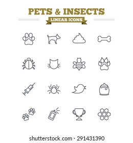 Pets and Insects linear icons set. Dog paw. Cat paw with clutches. Bone, feces excrement and vaccination. Honey, bee and honey comb. Thin outline signs. Flat vector