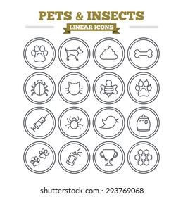 Pets and Insects linear icons set. Dog paw. Cat paw with clutches. Bone, feces excrement and vaccination. Honey, bee and honey comb. Thin outline signs. Flat vector