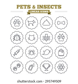 Pets and Insects linear icons set. Dog paw. Cat paw with clutches. Bone, feces excrement and vaccination. Honey, bee and honey comb. Thin outline signs. Flat vector