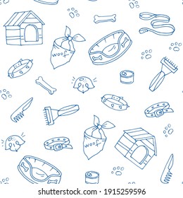 Pets items seamless pattern. Linear doodles. Booth, collar, bone, footprints, bed, etc.