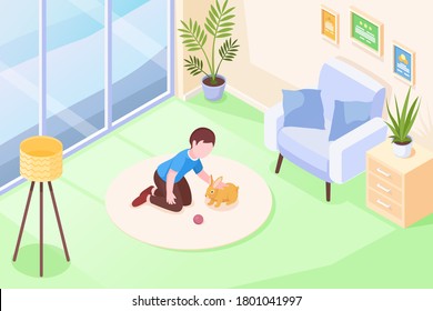 Pets, kid boy playing with rabbit in room, vector isometric illustration. Child cuddle rabbit pet and play with toy ball on floor carpet, domestic animals at house, modern flat interior background