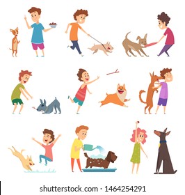 Pets and kids. Happy little puppy dogs and their owners hugging playing smiling feeding vector animals. Illustration feeding and walking dog, funny and adorable pets