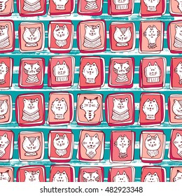 Pets. Kittens faces icons. Hand Drawn Doodle Portraits of Cats in the frame on Grunge striped background - Vector Seamless pattern. Colorful background for kids