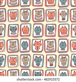 Pets. Kittens faces icons. Hand Drawn Doodle Portraits of Cats in the frame - Vector Seamless pattern. Colorful background for kids