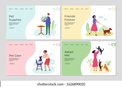 Pets landing pages. People caring about animals. Cute flat characters with cats, dogs and fish vector web banners