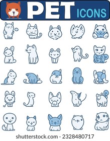 Juego de iconos de arte de línea de mascotas. Conteniendo perro, gato, cachorro, símbolo animal. Cuidado animal. Ilustración vectorial.