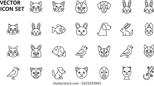 Pets line icon set. Vector pictograms of cat, dog, rabbit, fish, bird, lizard, domestic animals thin linear illustration.