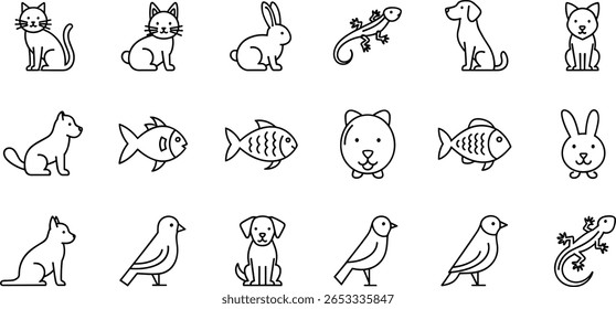 Pets line icon set. Vector pictograms of cat, dog, rabbit, fish, bird, lizard, domestic animals thin linear illustration.