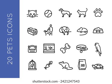 Pets line icons  Pets accessories simple line icons on white background for mobile app, web, promotional and SMM. Editable stroke. Vector illustraton.