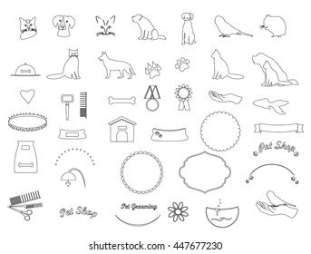 Pets line icons for logo, label. Dog line icons set vector. Pets thin line icons cat, dog, hamster, fish, parrot, muzzle for your design vector illustration. 