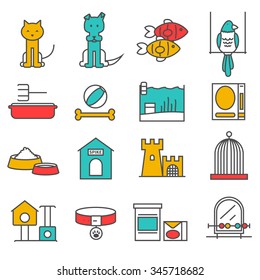 Pets line icons set with animal care symbols isolated vector illustration