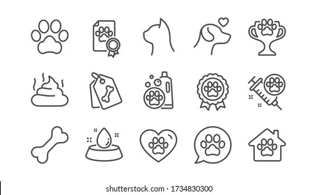 Pets line icons set. Dog care, veterinary and cat food. Lovely animals, shampoo for pets and doghouse icons. Vaccine, pet care and dog paw. Winner cup, certificate and medal. Animal feces. Vector