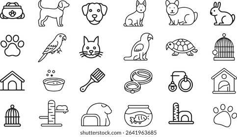 Pets Line Icons Set. Dogs, Cats, Pet Care, Accessories. Vector Illustration. Editable Stroke	