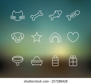 Pets line icons set on blurred background. 