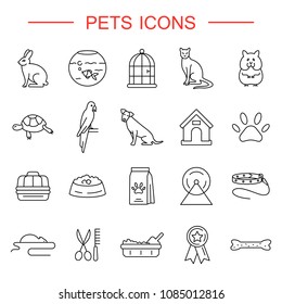 Pets line icons set. Outline symbols of different home pets and animal care. Flat style vector illustration for mobile applications website print media. Isolated on white background