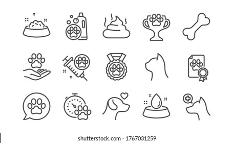 Pets line icons set. Veterinary, cat food and dog care. Lovely animals, shampoo for pets and doghouse icons. Vaccine, pet care and dog paw. Winner cup, certificate and medal. Animal feces. Vector