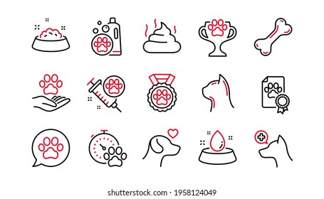Pets line icons set. Veterinary, cat food and dog care. Lovely animals, shampoo for pets and doghouse icons. Vaccine, pet care and dog paw. Winner cup, certificate and medal. Animal feces. Vector