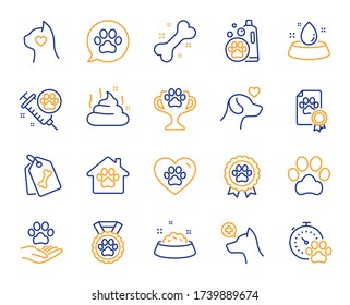 Pets line icons. Veterinary, dog care and cat food. Lovely animals, shampoo for pets and doghouse icons. Vaccine, pet care and dog paw. Winner cup, certificate and medal. Animal feces. Vector