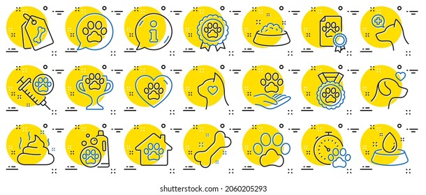 Pets line icons. Veterinary, dog care and cat food. Lovely animals, shampoo for pets and doghouse icons. Vaccine, pet care and dog paw. Winner cup, certificate and medal. Animal feces. Vector