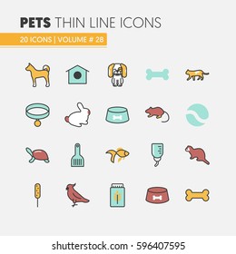 Pets Linear Thin Line Vector Icons Set with Dog Cat Bird and Fish