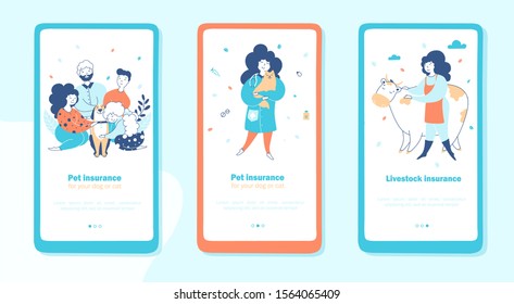 Pets and livestock insurance mobile app onboarding screen templates set