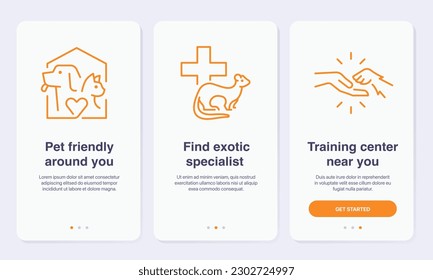 El concepto de servicios de localización para mascotas se incluye en las pantallas de aplicaciones. Pantallas de tutorial simplificadas para aplicaciones móviles.