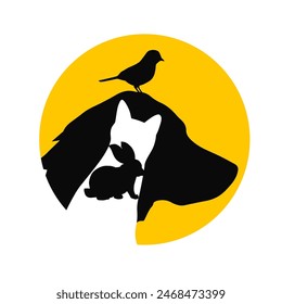 Pets logo. Abstract symbol dog, cat, rabbit, bird. hand drawing. Not AI, Vector illustration