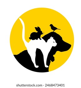 Pets logo. Abstract symbol dog, cat, rabbit, bird. hand drawing. Not AI, Vector illustration