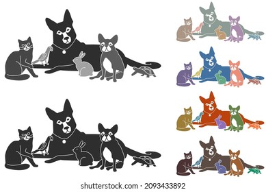Pets, logo for a veterinary clinic or for a pet shop. A set of black and white and color options. All animals are isolated - you can move them or remove someone 