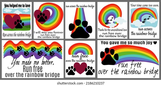 Pets loss card set, run across the rainbow bridge vector illustration for design