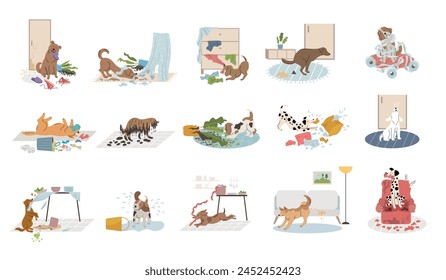 Pets making mess. Domestic dogs destroying home in interior room recent vector dogs bad bullying behavior