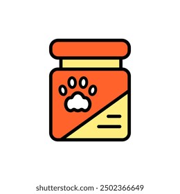 Pets medicine bottle with pills color icon. Container with pets vitamins. Prescription medicine for animal. Vector Illustration isolated on white background