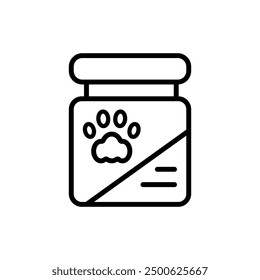 Pets medicine bottle with pills outline icon. Container with pets vitamins. Prescription medicine for animal. Vector Illustration isolated on white background