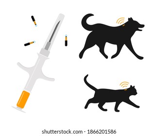 Pets microchipping concept. Syringe with microchips, dog and cat silhouettes with implants and RFID signals. Animals permanent identification. Vector flat illustration.